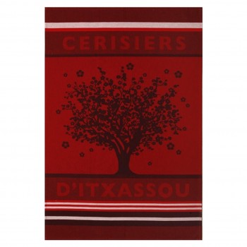 Cherry Tree Tea Towel Red with Black & White Stripes (Jean Vier)
