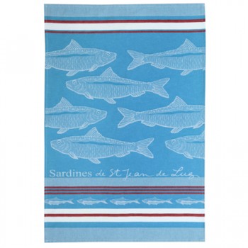 Sardines Tea Towel Blue with White & Red Stripes (Jean Vier)